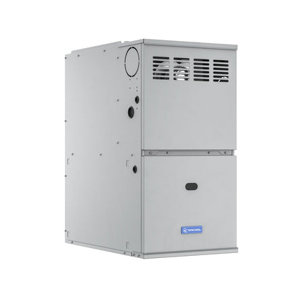 The grey MRCOOL VersaPro 40k BTU 80% AFUE Gas Furnace (model MGA80EE040A3B) stands on a light-colored background. This Mr Cool unit features ventilation grilles at the top and a solid panel at the bottom, with the manufacturer's logo near the base. Various ports and access points are visible on the side of this energy-efficient furnace, suitable for multi-position installation.
