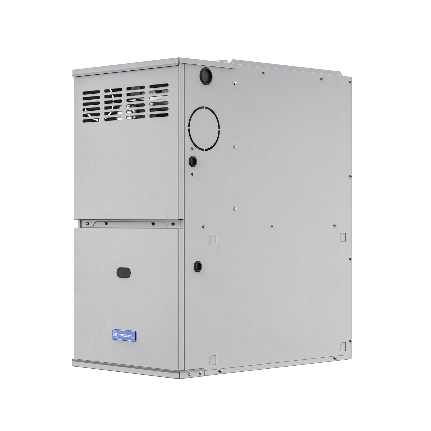 The MRCOOL VersaPro 40k BTU 80% AFUE Gas Furnace, model MGA80EE040A3B, from Mr Cool is a rectangular, metallic unit featuring ventilation grilles and a small blue Megaflo logo on the front. It is designed for multi-position installation and boasts a modern, industrial design with visible screws and panels on its smooth surface. The unit appears to be freestanding.