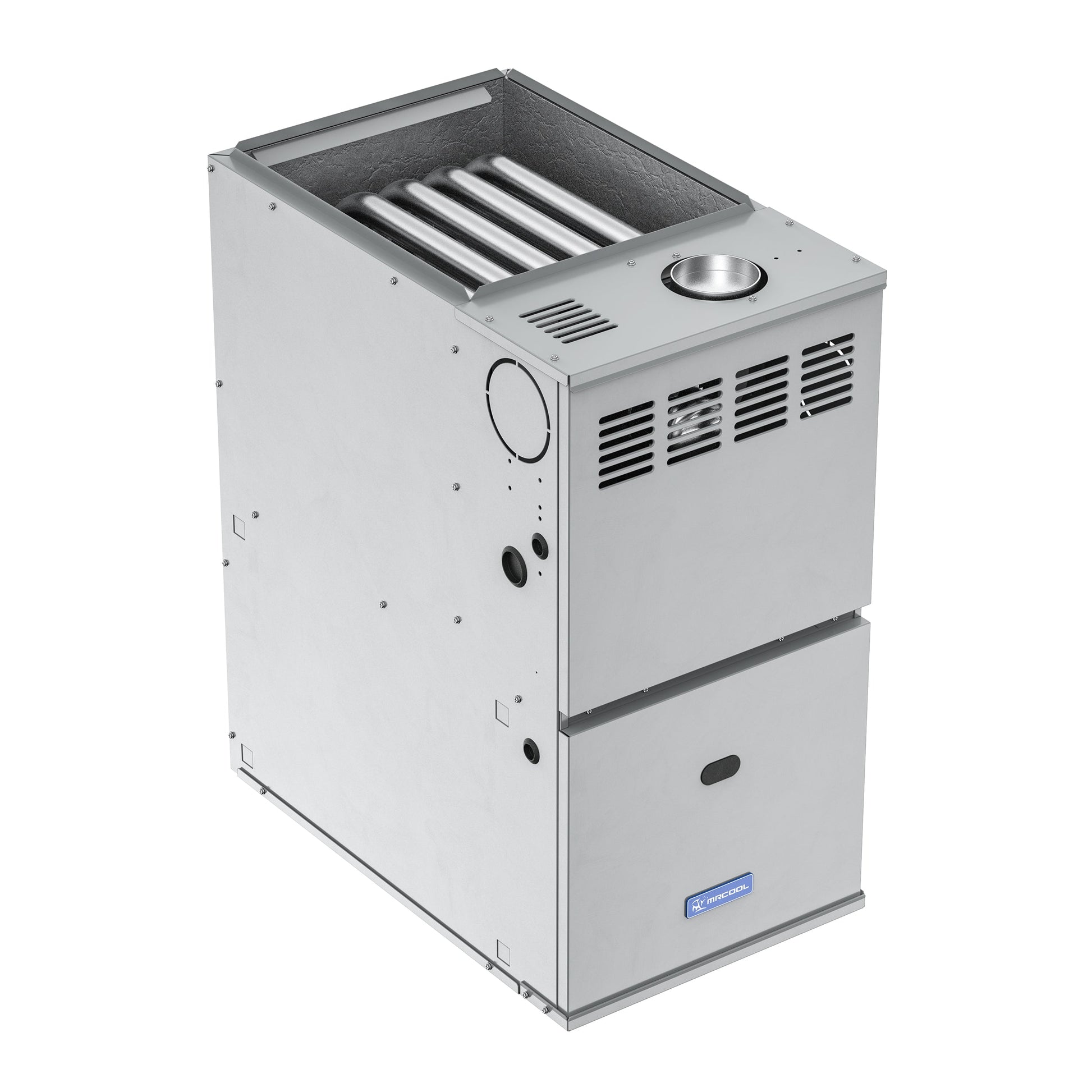 The grey Mr Cool MRCOOL VersaPro 40k BTU Gas Furnace, model MGA80EE040A3B, boasts an 80% AFUE energy-efficient rating and a multi-position installation. It features a metallic, box-shaped design with a vented front panel, an open top displaying heating tubes, and small circular vents on the front and side panels. The brand logo is prominently placed near the bottom.