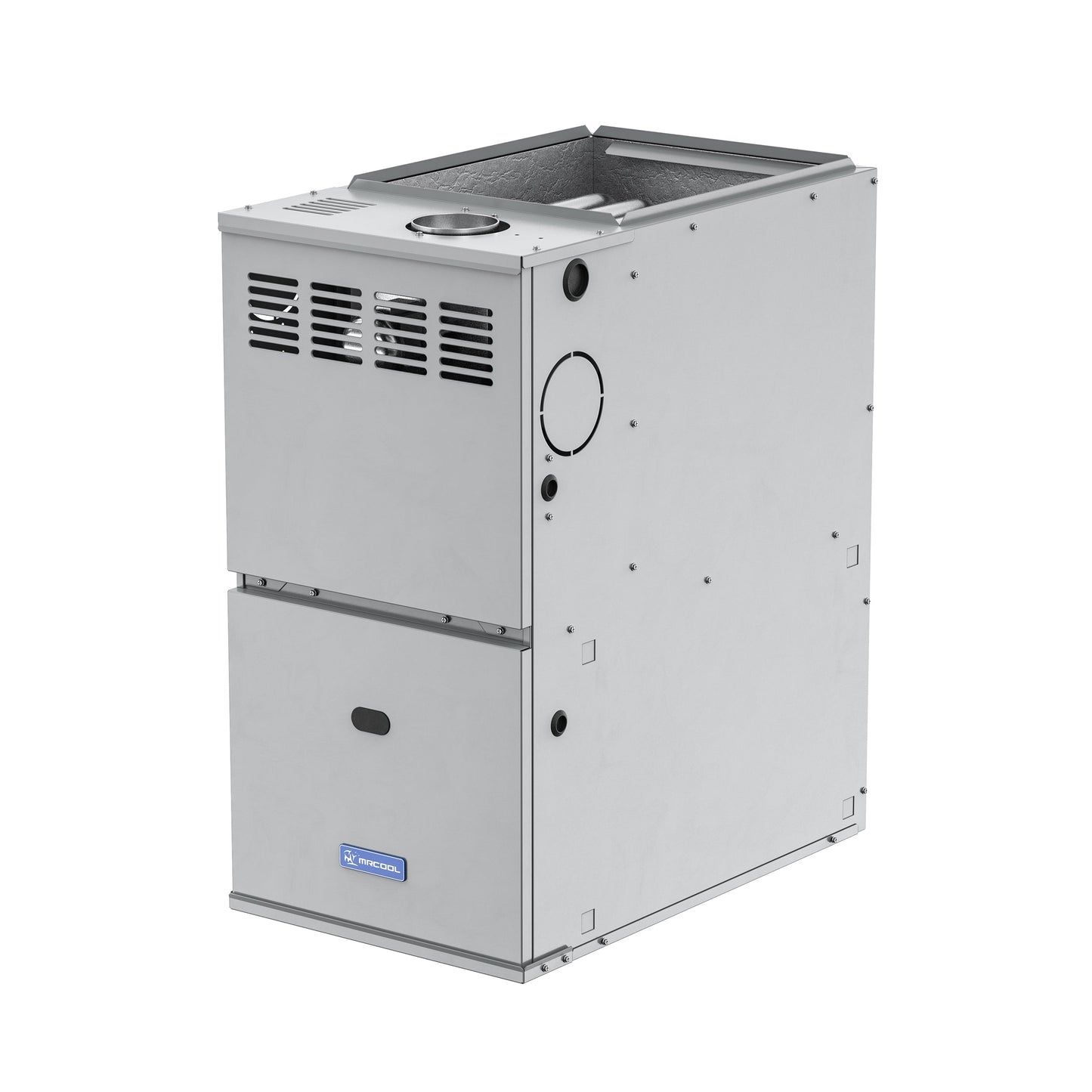 The MRCOOL VersaPro 40k BTU 80% AFUE Gas Furnace, model MGA80EE040A3B, is a standalone, large rectangular metal unit featuring various vents and circular openings on its sides. This Mr Cool furnace has a simple, industrial design and is primarily silver in color with a small label that reads "MIDEA." It supports multi-position installation and boasts an energy efficiency of 80% AFUE.