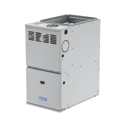 Introducing the MRCOOL VersaPro 80k BTU 80% AFUE Gas Furnace, model MGA80EE080C4B by Mr Cool. This upright, gray indoor gas furnace features a sleek and compact design with energy-efficient components. It includes ventilation grilles, a control panel, and a small blue logo near the bottom. Pictured against a white background, this versatile unit offers multi-position installation options for convenient placement in any space.