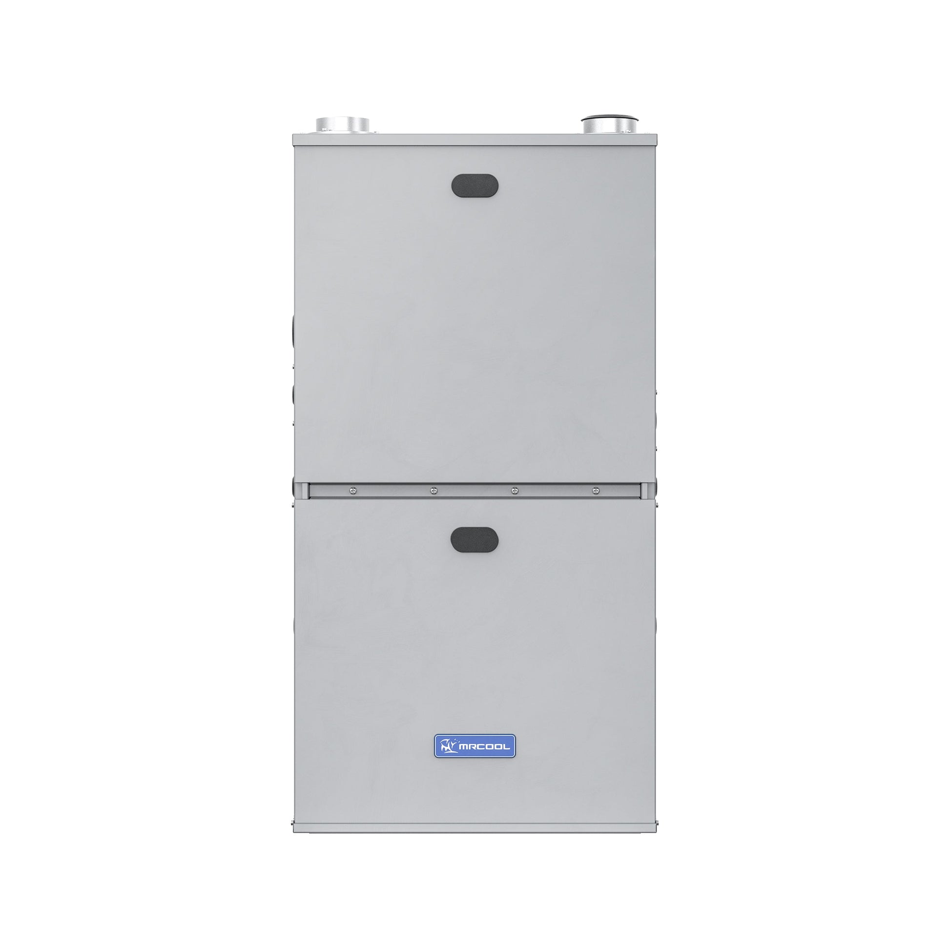 The MRCOOL VersaPro 80k BTU 96% AFUE Gas Furnace (model MGM96EE080B3NB) by Mr Cool is a gray, rectangular HVAC unit with a minimalistic design. This two-stage gas furnace offers an impressive 96% AFUE efficiency. The unit features visible ducts at the top and a small blue logo near the bottom, while its smooth surface remains free of additional decorations or labels.