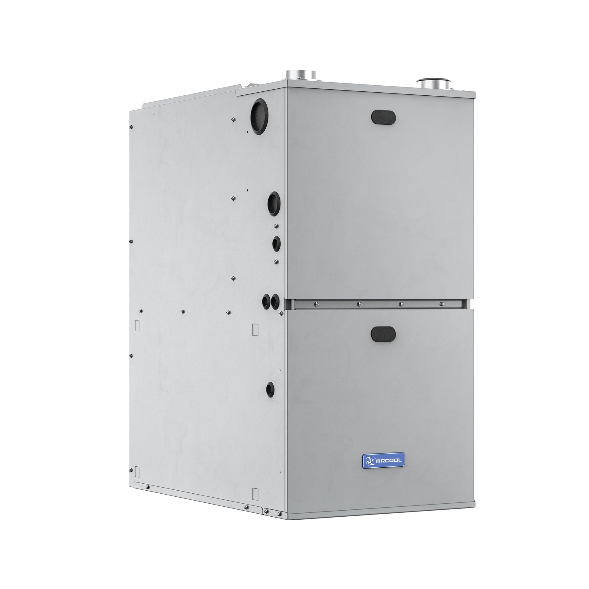 An image of the Mr Cool MRCOOL VersaPro 120k BTU 96% AFUE Gas Furnace, MGM96EE120D5NB. It is a silver, rectangular HVAC unit with a vertical orientation and a two-section design featuring a small access panel in the lower section. Various circular connection points are visible on the side. This gas furnace boasts a two-stage motor and exceptional 96% AFUE efficiency, with its logo and text displayed on a label at the bottom.