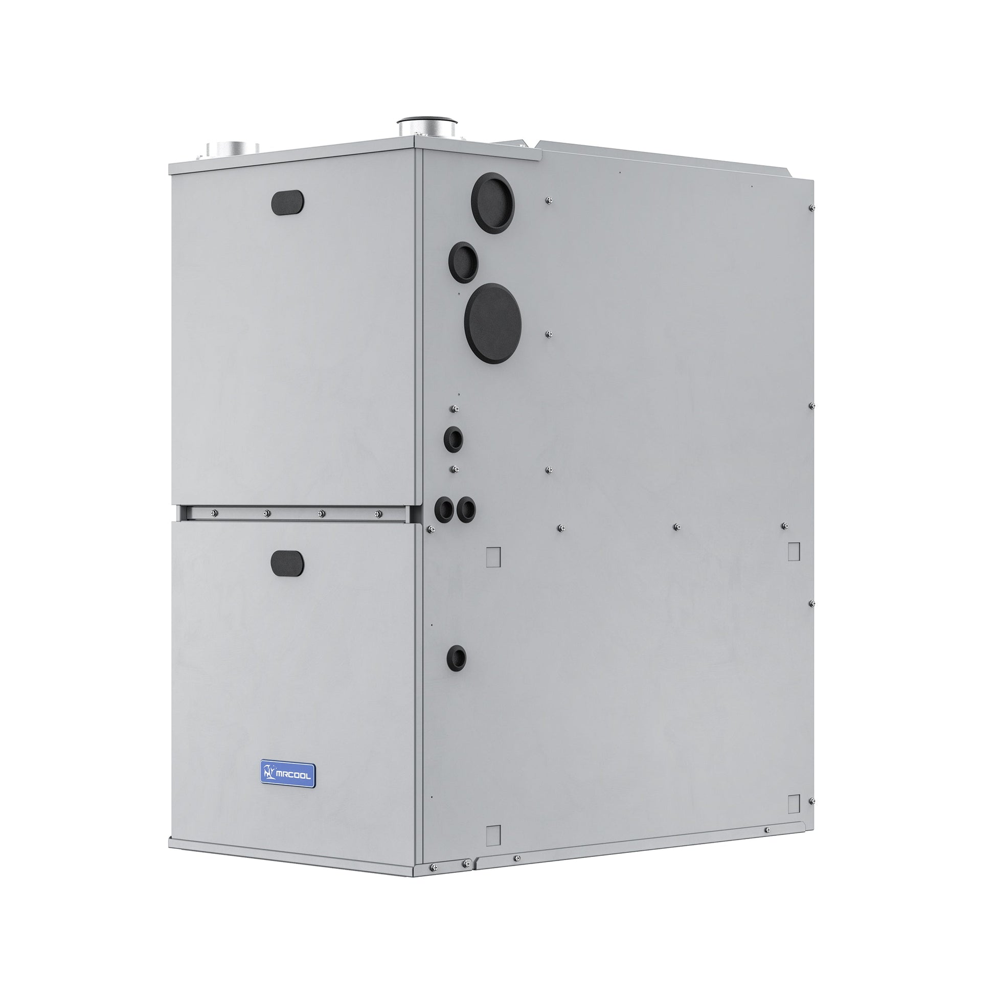 Image of the MRCOOL VersaPro 120k BTU 96% AFUE Gas Furnace, MGM96EE120D5NB, a large, rectangular industrial HVAC unit with a metallic grey exterior. The unit features various circular ports and controls on its side and displays the Mr Cool logo near the bottom. It boasts a powerful two-stage motor.