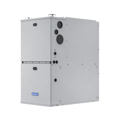 Image of the MRCOOL VersaPro 120k BTU 96% AFUE Gas Furnace, MGM96EE120D5NB, a large, rectangular industrial HVAC unit with a metallic grey exterior. The unit features various circular ports and controls on its side and displays the Mr Cool logo near the bottom. It boasts a powerful two-stage motor.