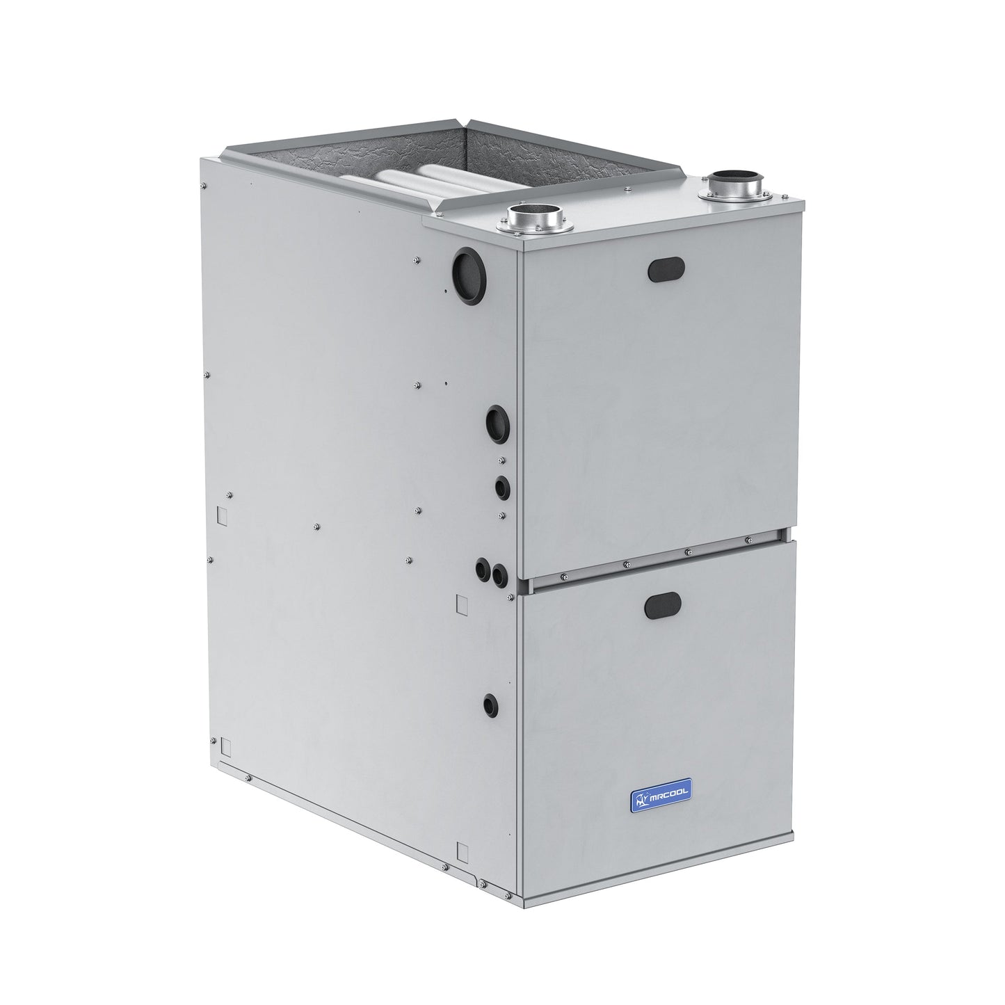 The MRCOOL VersaPro 80k BTU 96% AFUE Gas Furnace, model MGM96EE080B3NB, is a silver, rectangular unit featuring an impressive 96% AFUE efficiency. It includes black circular and rectangular openings, various connection points, and an access panel on the front. This two-stage system by Mr Cool is designed for optimal indoor climate control.