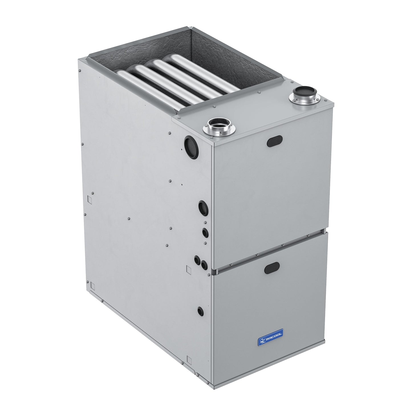 The MRCOOL VersaPro 120k BTU 96% AFUE Gas Furnace, MGM96EE120D5NB by Mr Cool is a grey, metal unit with multiple horizontal pipes in the top section and a solid lower section. This freestanding furnace boasts high efficiency at 96% AFUE and features various connection ports, vents, and panels. It has a compact, rectangular design and includes a two-stage motor.