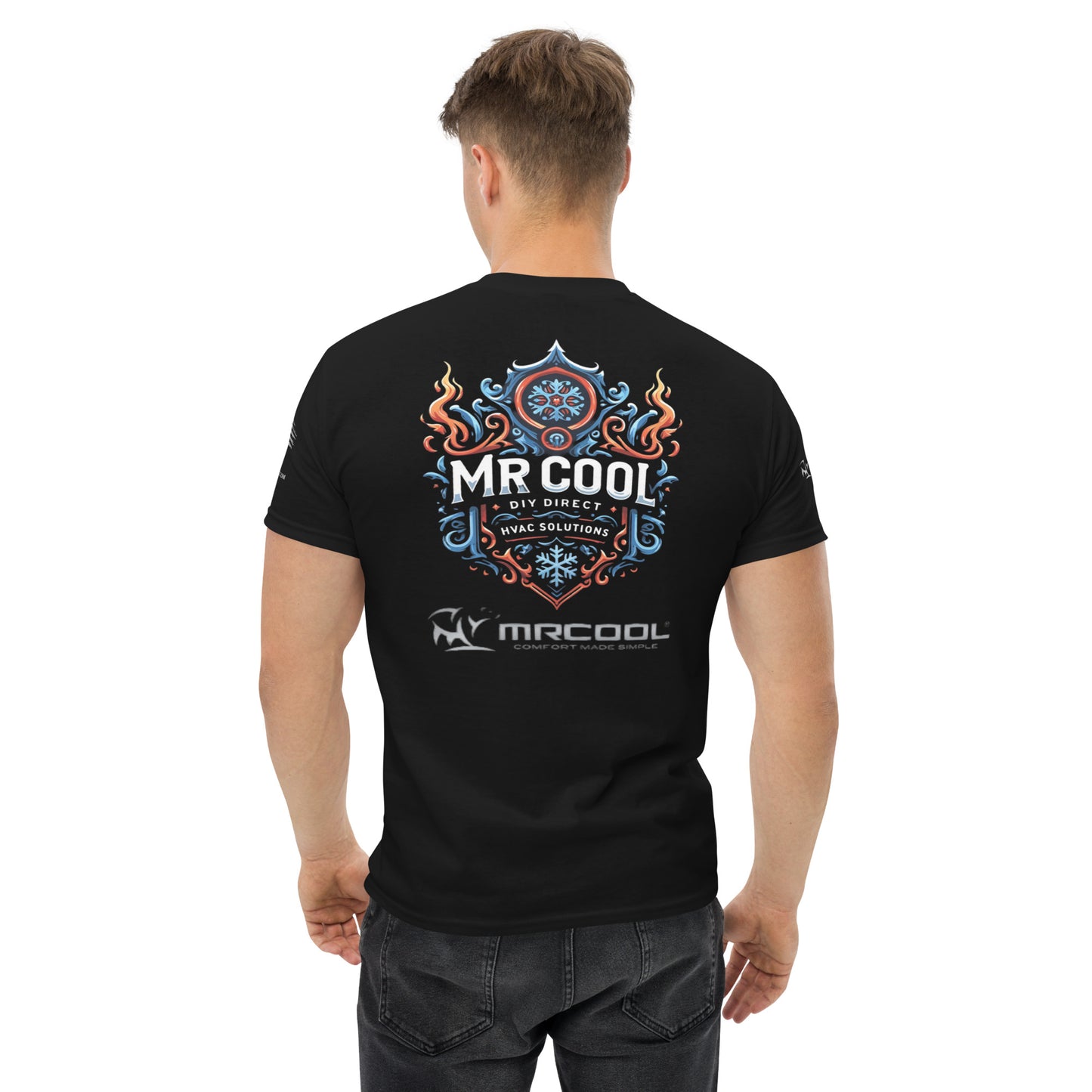 A man viewed from the back wearing a black T-shirt with the text "MR COOL" in bold, stylized letters surrounded by flame designs. The logo for "Exclusive HVAC-Themed Custom Tees - MRCOOL DIY Direct" is below, perfect for DIY HVAC enthusiasts.