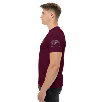 A profile view of a young man wearing an Exclusive HVAC-Themed Custom Tee by MRCOOL DIY Direct with a small flag design and text on the right sleeve, standing against a white background.
