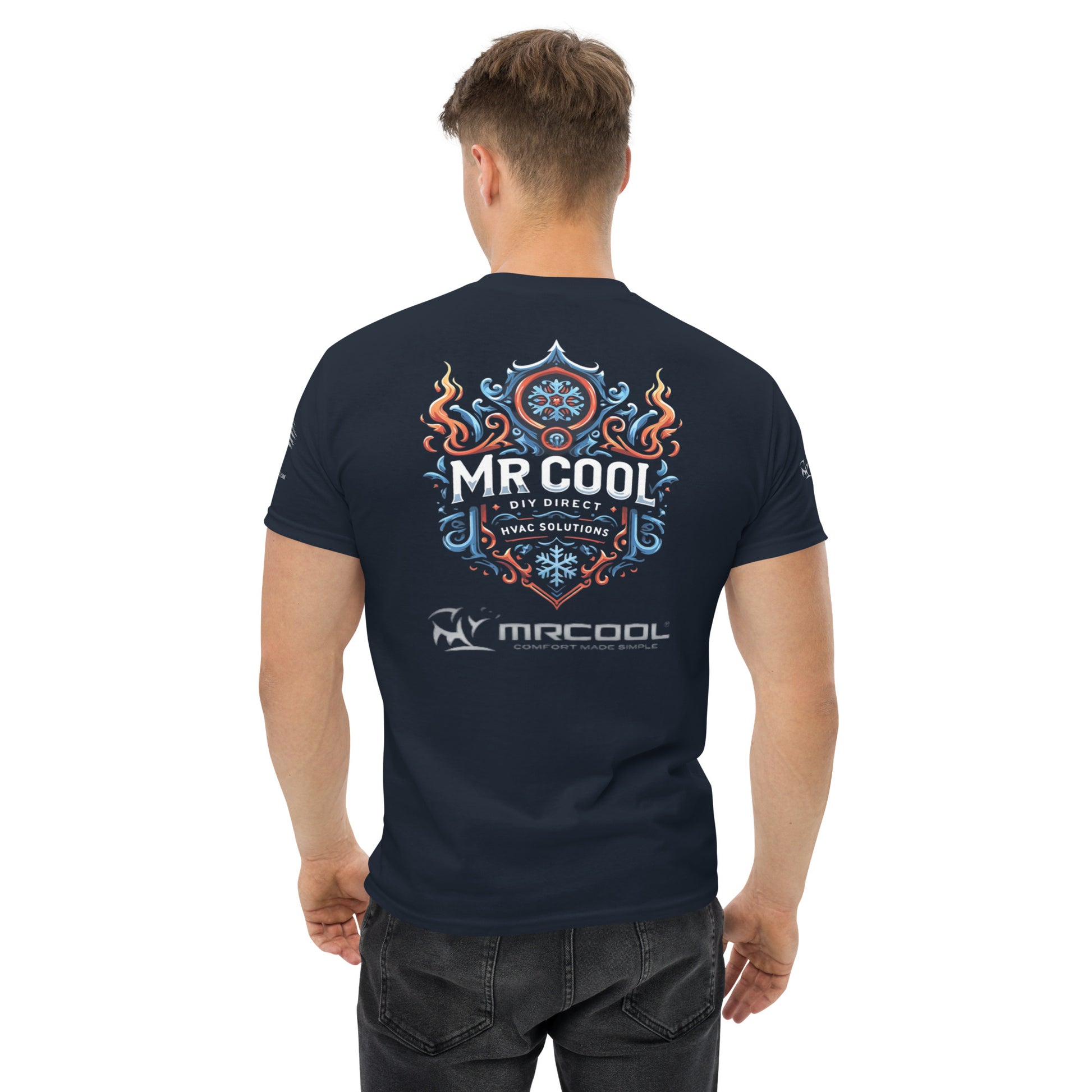 A man viewed from behind wearing an Exclusive HVAC-Themed Custom Tee by MRCOOL DIY Direct with "MR COOL WAKE SURFING" and a swirling flame design in vibrant blue and orange colors on the back.