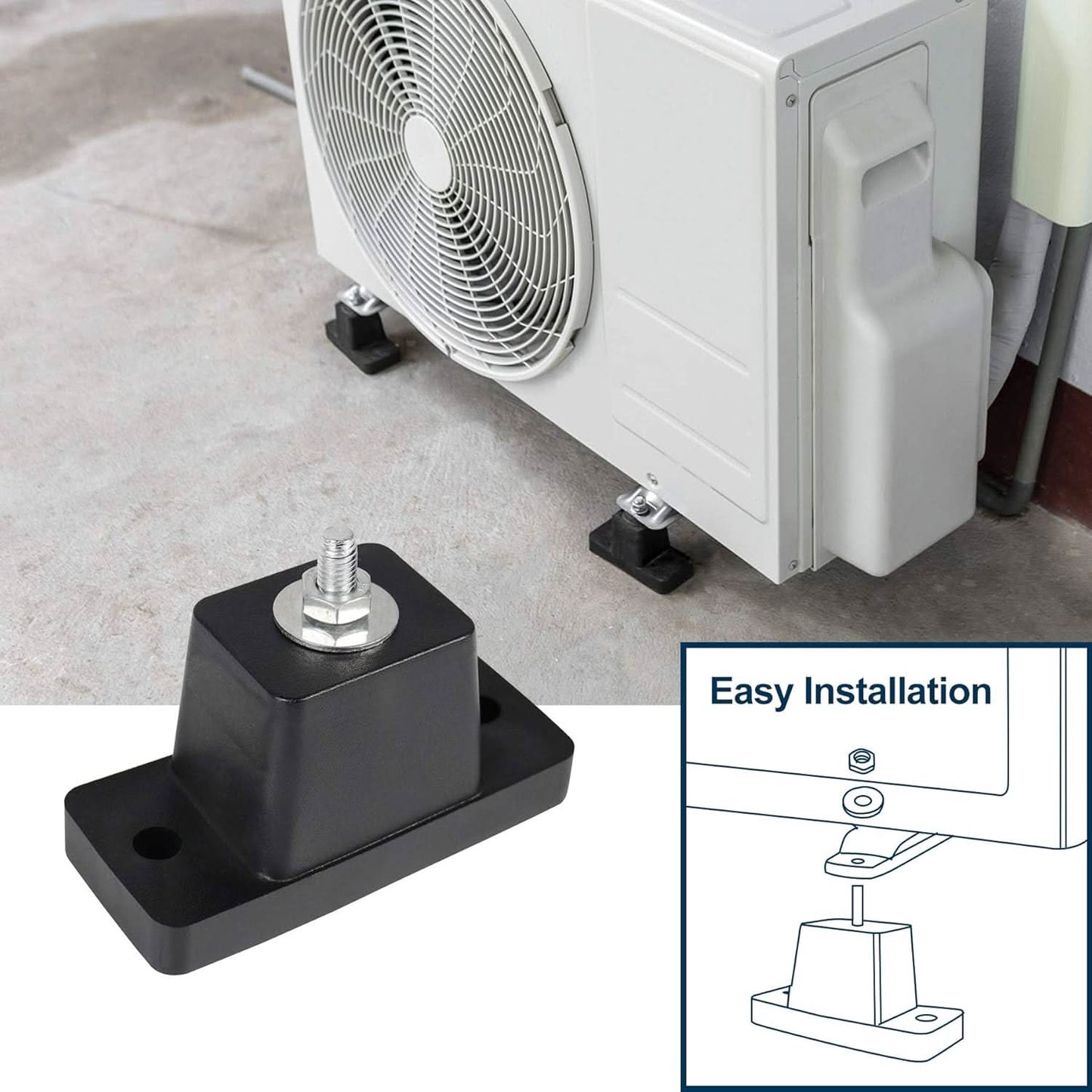 Mini split AC condenser mounted on concrete slab using anti-vibration rubber pads