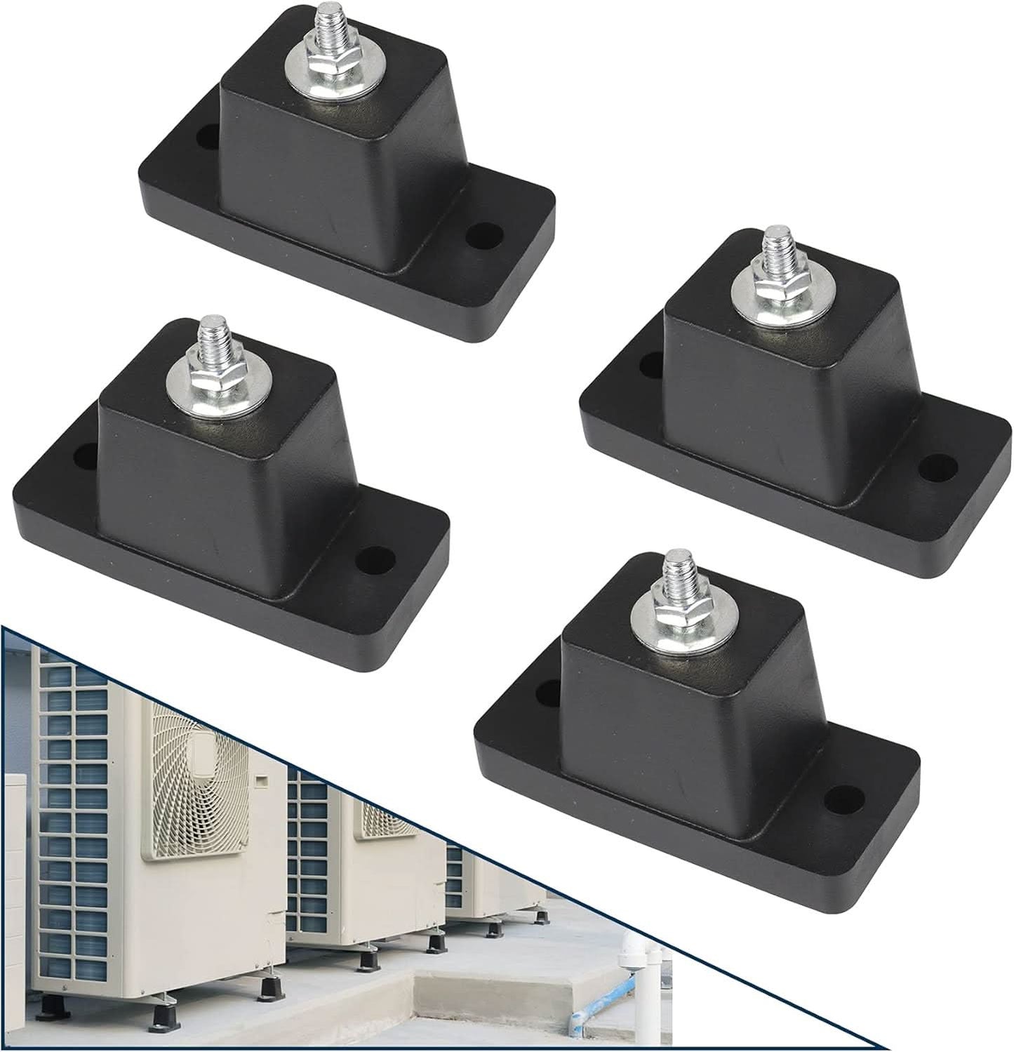 Mini split air conditioner condenser mounted on anti-vibration rubber pads