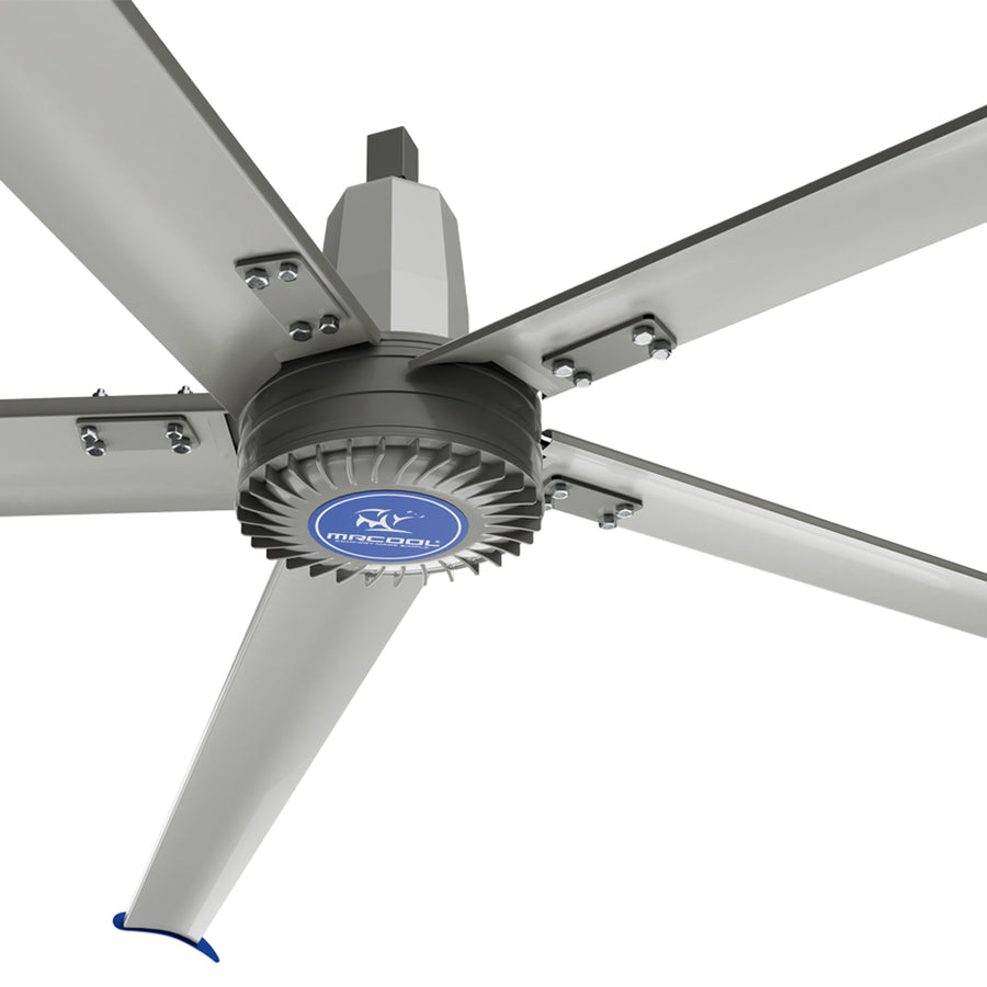 MRCOOL 16 ft industrial HVLS ceiling fan installed in warehouse building providing high volume low speed airflow