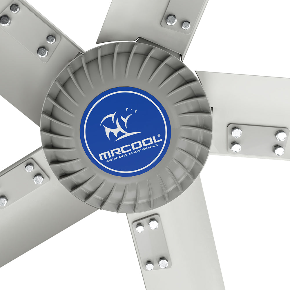 Close-up of MRCOOL 16 ft HVLS fan blades showing aerodynamic design and industrial construction