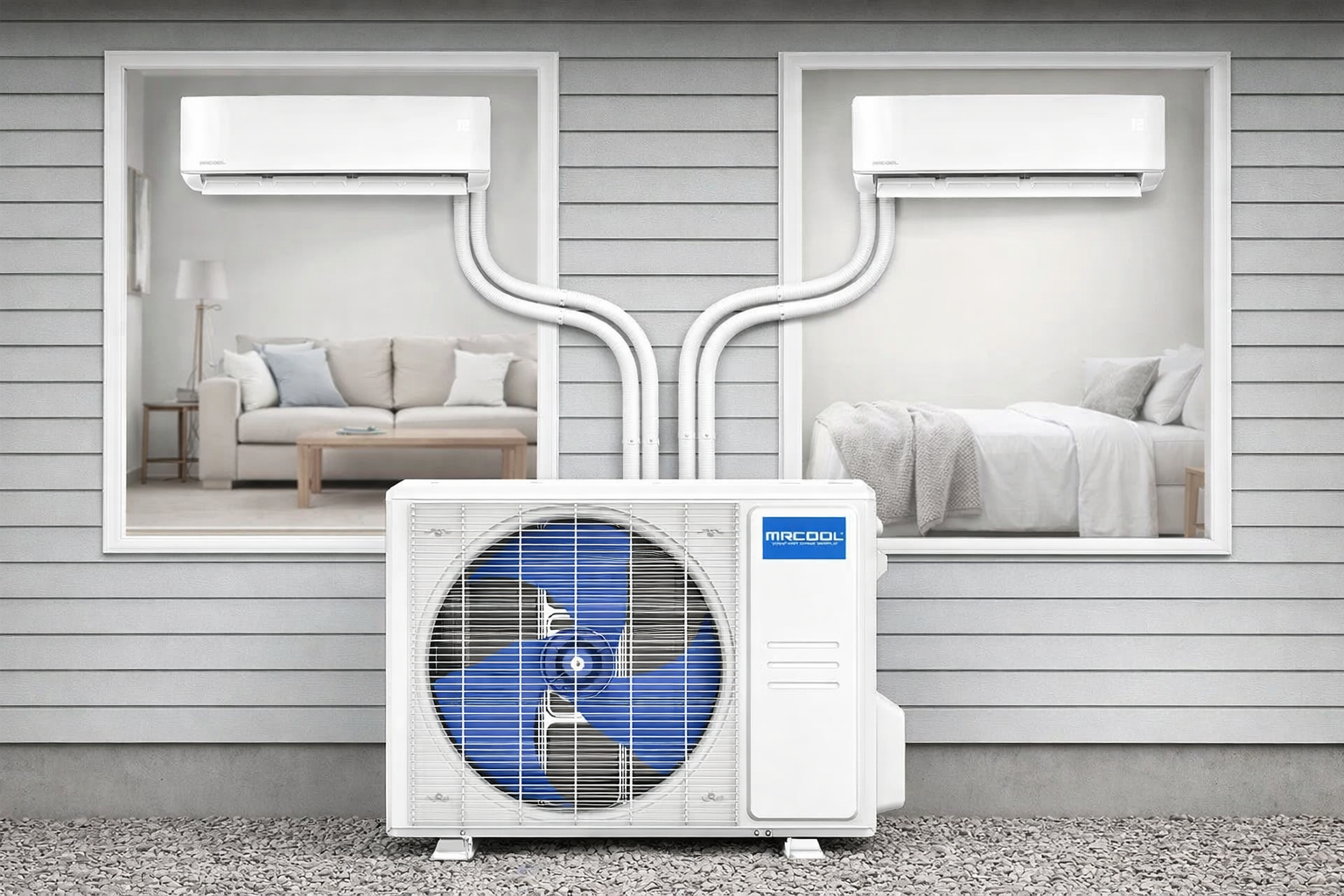 MRCOOL 2 zone mini split system with two wall mounted air handlers connected to outdoor condenser