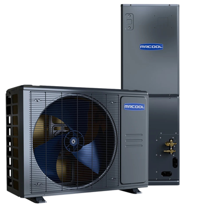 MRCOOL 3 ton Universal Series 36k BTU central ducted heat pump system angled view showing indoor air handler and outdoor condenser