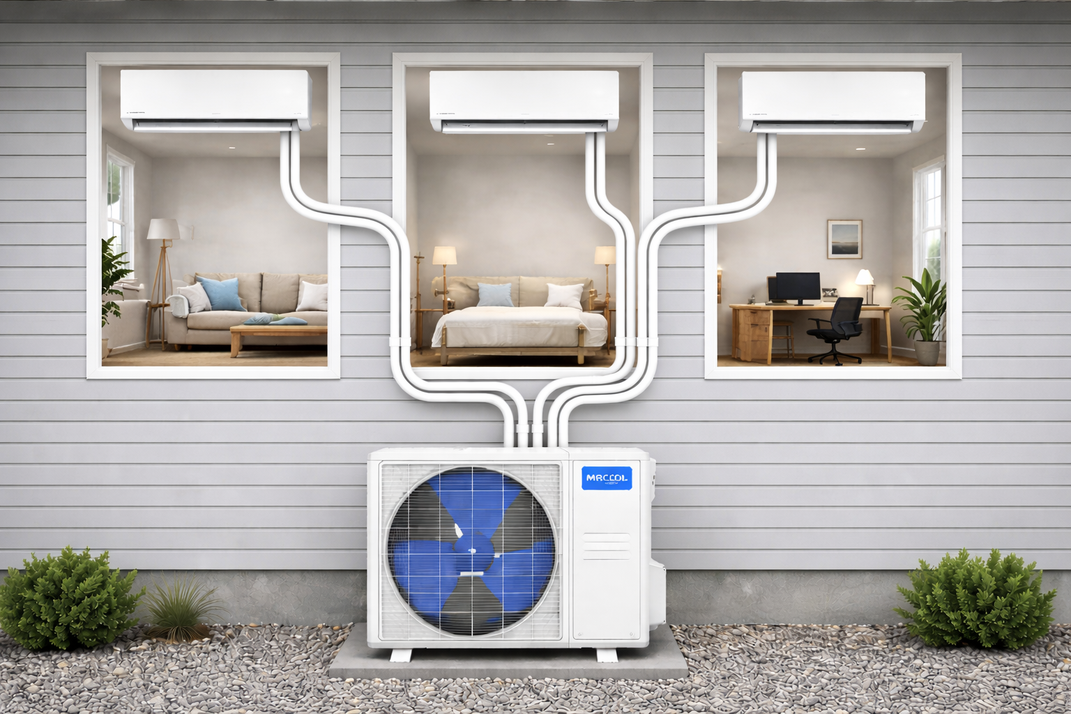 MRCOOL 3 zone mini split system with three indoor wall units connected to single outdoor condenser