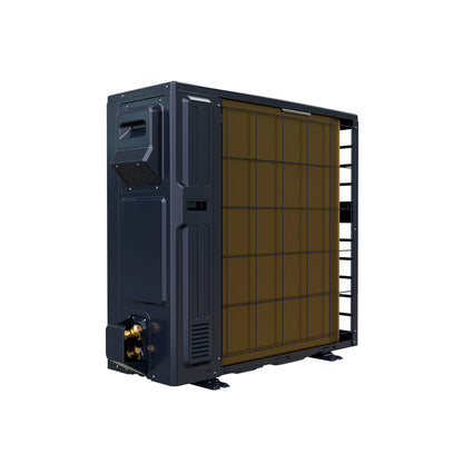 MRCOOL Universal Series 4 ton 48k BTU heat pump condenser gold coil side view showing outdoor unit coil and cabinet
