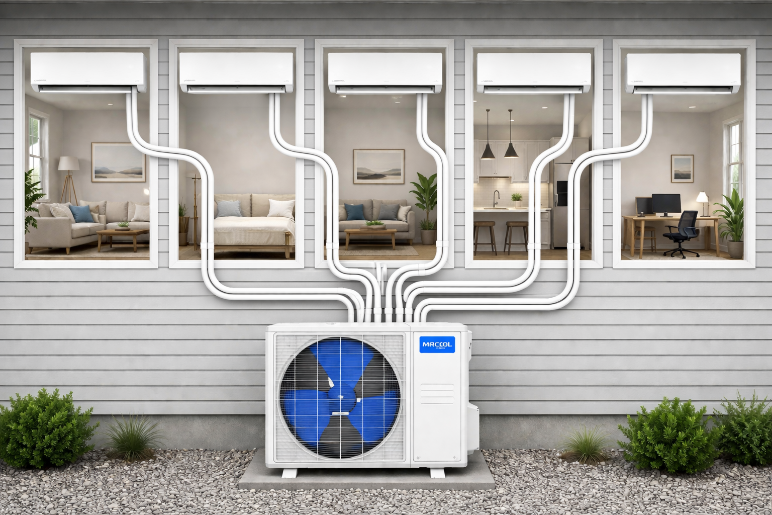 MRCOOL 5 zone mini split system with five indoor wall units connected to one outdoor condenser