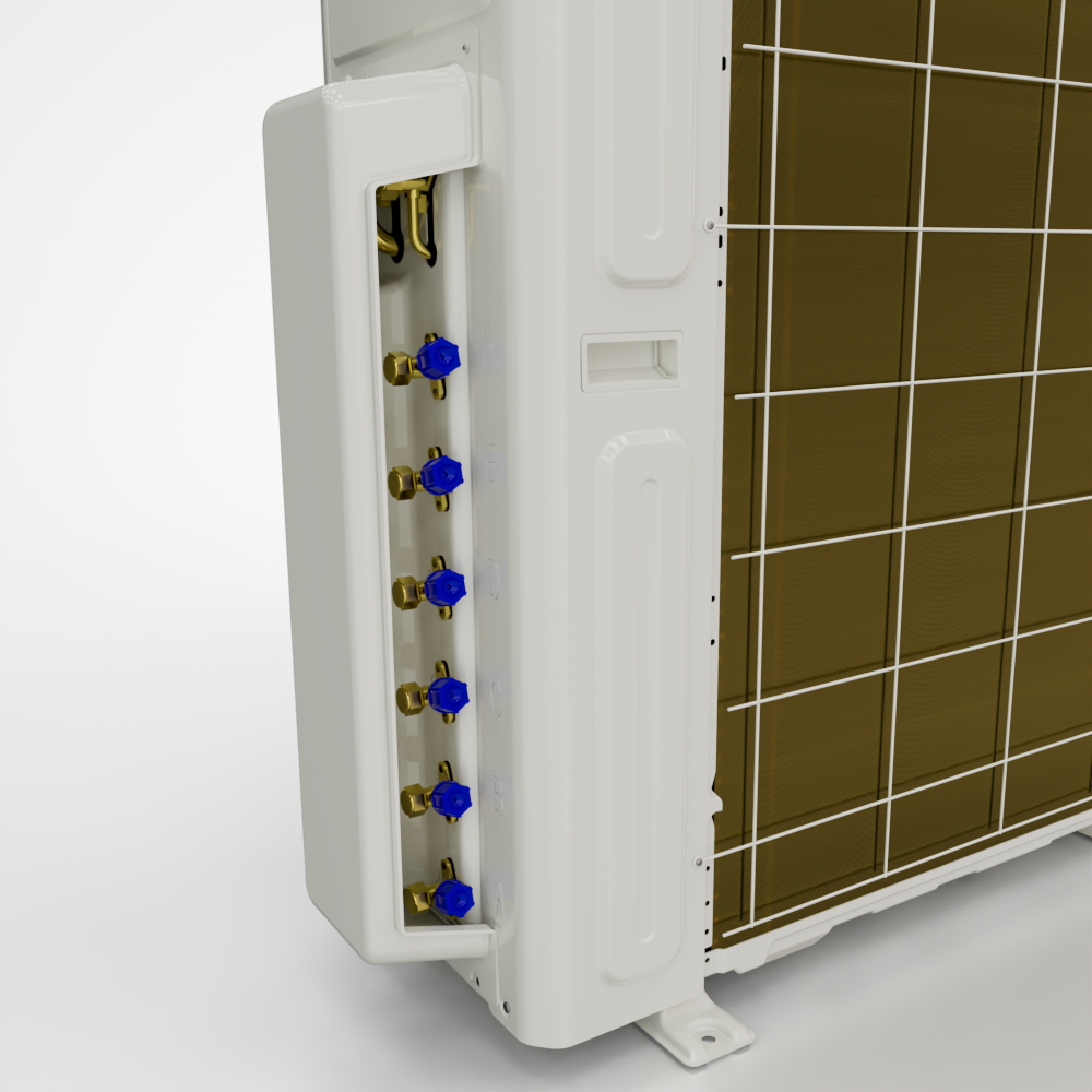 Close-up of MRCOOL DIY 55,000 BTU 5th Gen condenser showing six Quick Connect ports for multi-zone mini split system installation