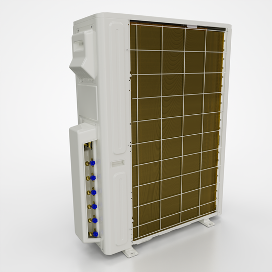 Front view of MRCOOL 5th Gen DIY multi-zone condenser for 6-zone systems – R-454B refrigerant, ENERGY STAR® certified, DIY-friendly HVAC solution.