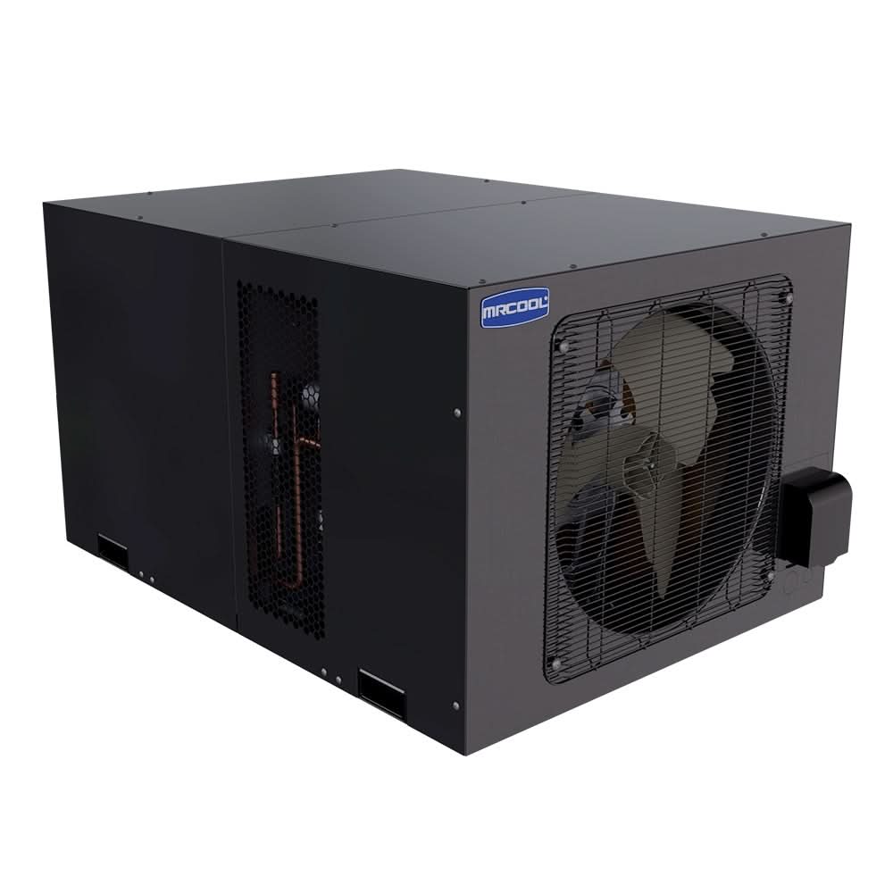 Angled view of MRCOOL compact refrigeration unit for walk-in cooler installation