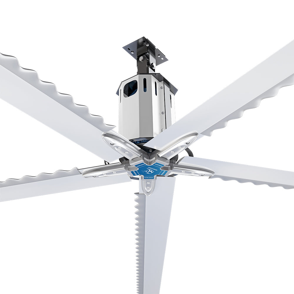 MRCOOL Cool Blade industrial HVLS ceiling fan circulating air in a workshop; 5-blade, energy-saving.