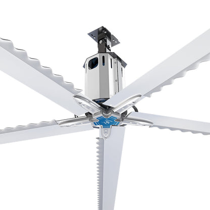 MRCOOL Cool Blade industrial HVLS ceiling fan circulating air in a workshop; 5-blade, energy-saving.