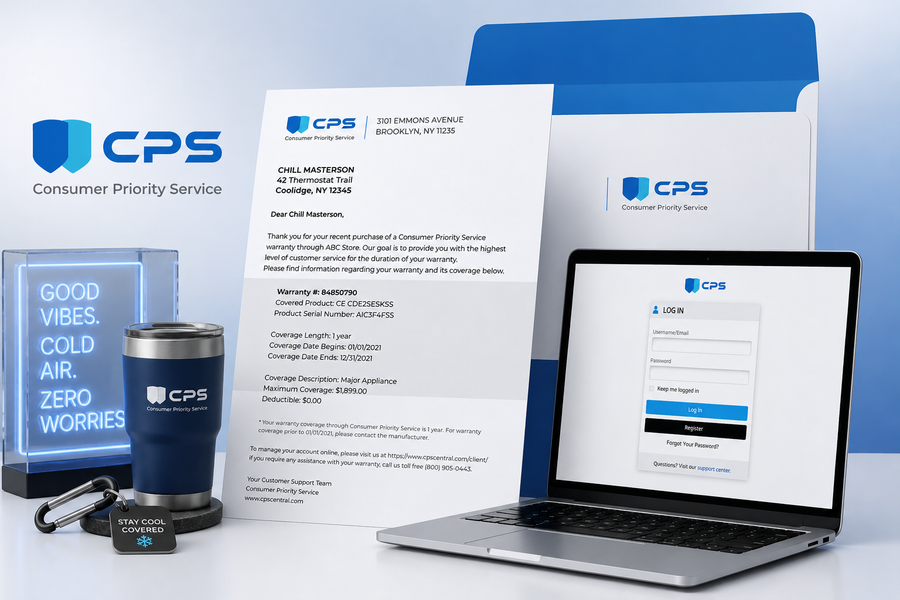 MRCOOL extended warranty coverage through CPS showing warranty documents, online account access, and protection plan benefits for HVAC systems.