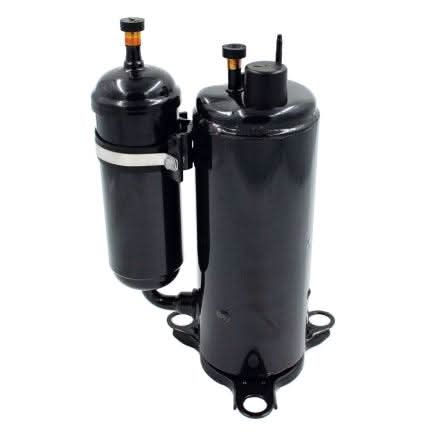 Close-up of the MRCOOL replacement DC inverter rotary compressor, designed for DIY-12-HP-C-115B heat pump condensers, featuring durable construction and high-efficiency performance.