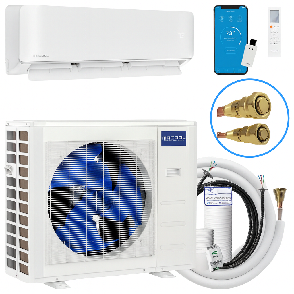 MRCOOL DIY 18K Hyper Heat 5th Gen wall mounted mini split air handler with SmartHVAC WiFi controller, remote, and QuickConnect fittings