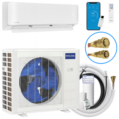 MRCOOL DIY 18K Hyper Heat 5th Gen wall mounted mini split air handler with SmartHVAC WiFi controller, remote, and QuickConnect fittings
