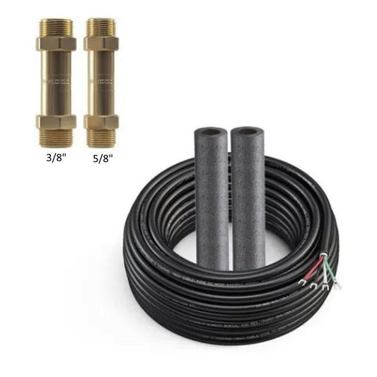 Image showing two brass MRCOOL DIY Direct MRCOOL DIYCOUPLER-38 + DIYCOUPLER-58 w/ 75 Ft. of Communication Wire for 24K & 36K Line Set (DIYCOUPLER-3858K75) fittings labeled "3/8" and "5/8" above a coiled, insulated black hose with exposed communication wire. The fittings are positioned on the upper left, while the hose takes up the majority of the image.