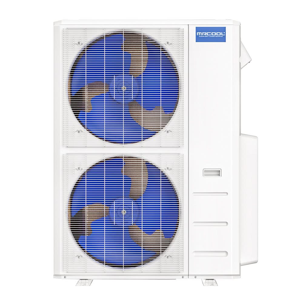 Front view of MRCOOL DIY 55,000 BTU double-stack 5th Gen condenser unit with dual fan design for powerful multi-zone cooling