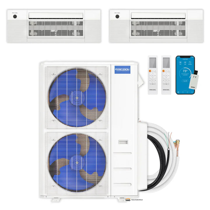 MRCOOL DIY two-zone system with two ceiling cassettes, two-fan condenser, line sets and controls