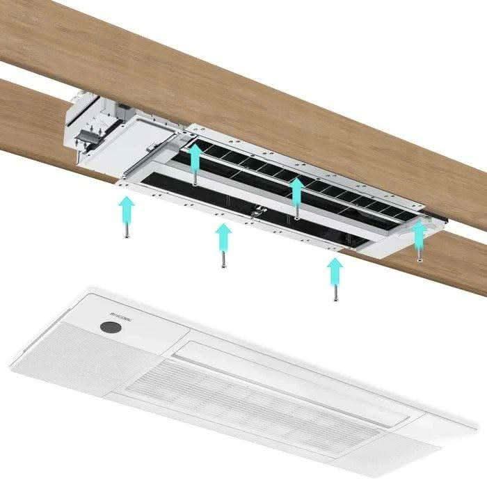MRCOOL DIY ceiling cassette installation diagram showing 16-inch joist spacing and flush-mount fit