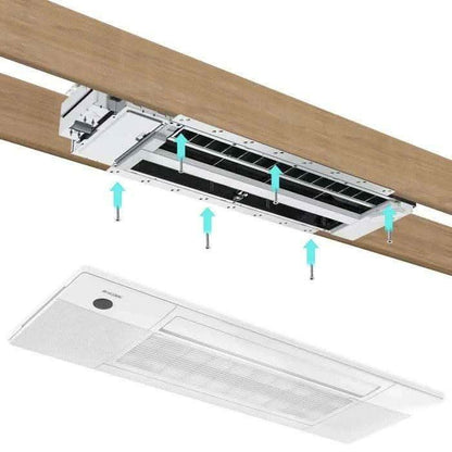 MRCOOL DIY ceiling cassette installation diagram showing 16-inch joist spacing and flush-mount fit
