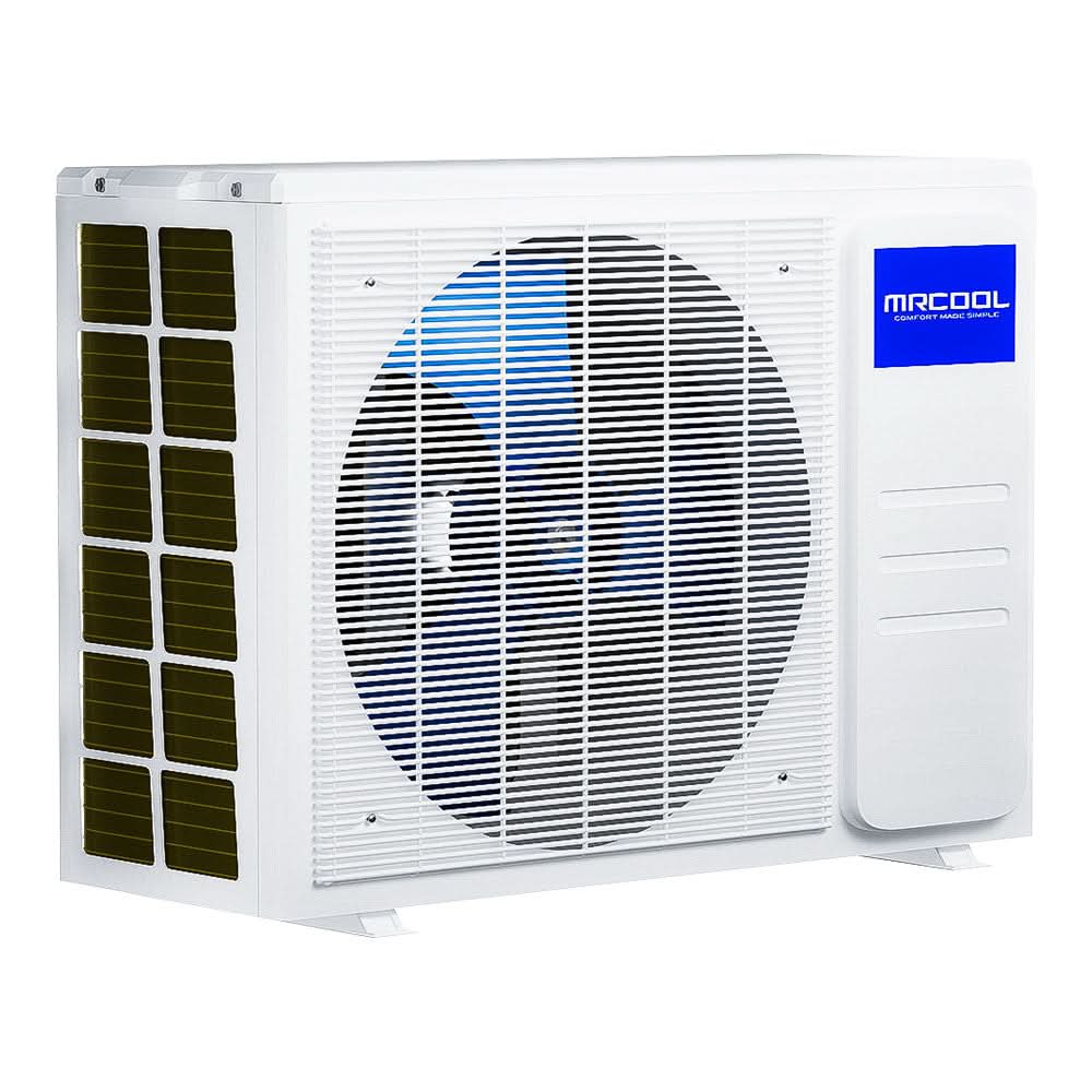 Side angle of MRCOOL Easy Pro condenser – 5th Gen model for DIY installation with high-efficiency R-454B refrigerant.