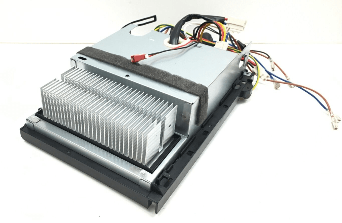 MRCOOL replacement control board with terminal block – internal circuit board assembly for managing fan motor, compressor, and sensor connections.