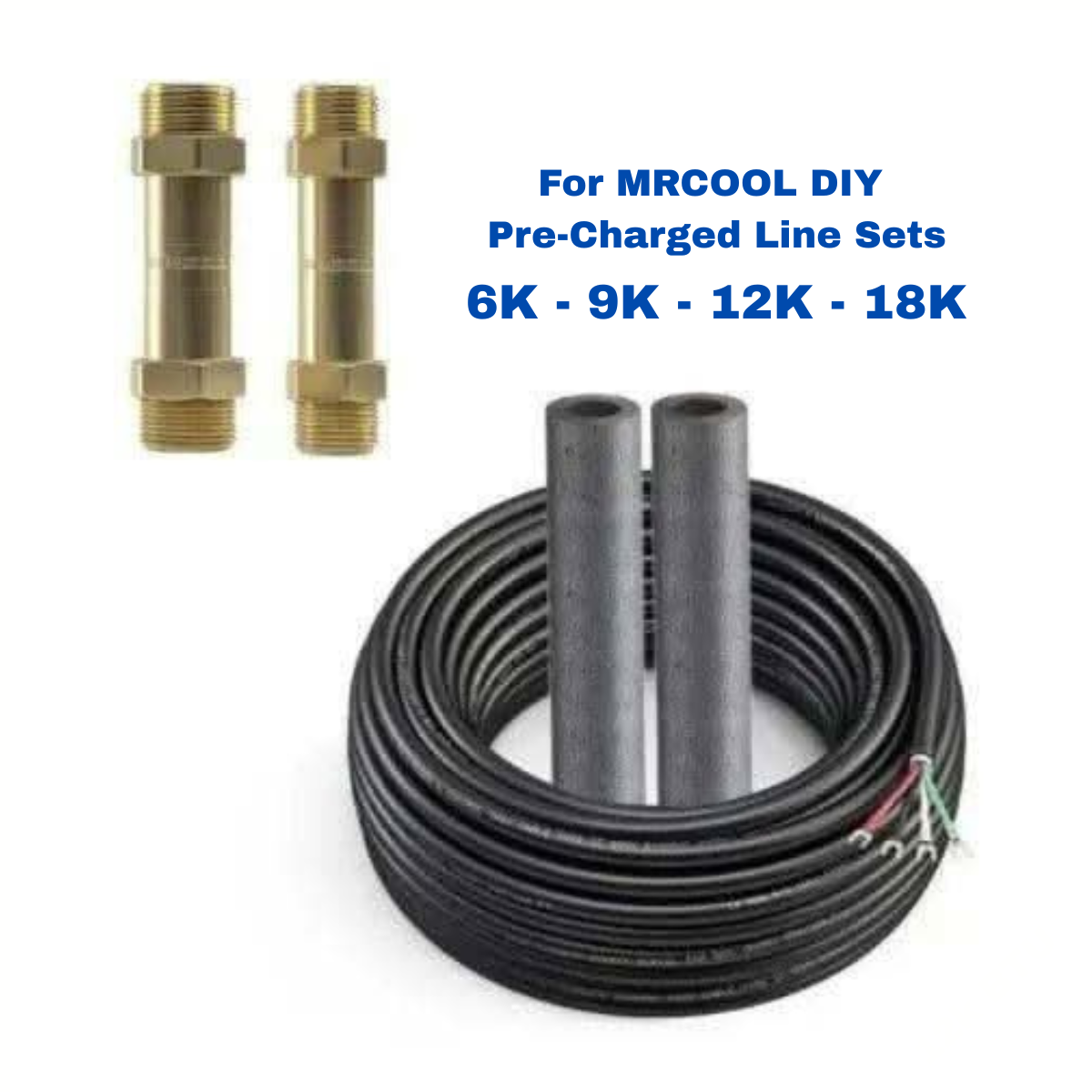 MRCOOL DIY pre-charged line set extension kit with two line-set couplers and 75-foot control wire, compatible with 6K, 9K, 12K, and 18K mini-split air handlers.