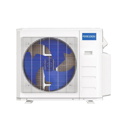 Closeup of MRCOOL 18,000 BTU 5th Gen multi-zone condenser unit – rugged, weather-resistant build with pre-charged R-454B lines