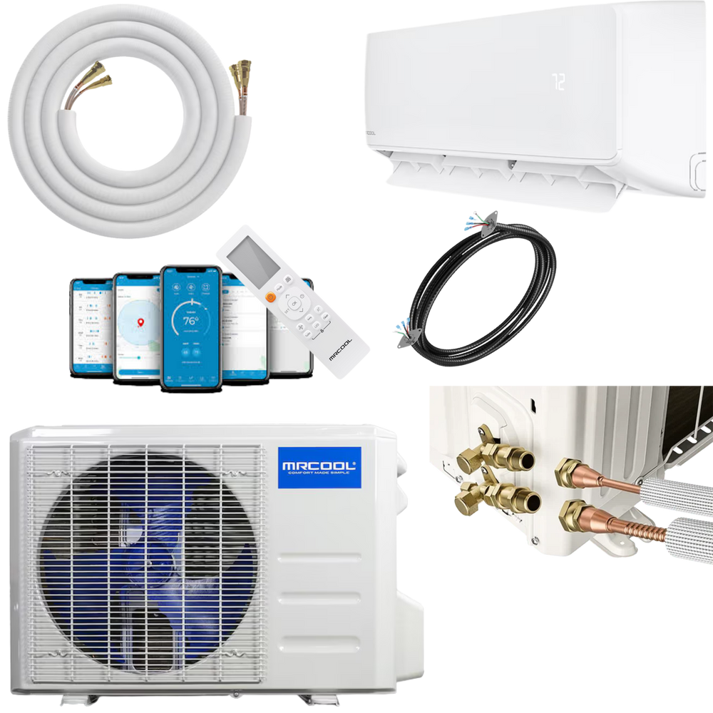 Labeled diagram of MRCOOL DIY single zone ductless mini split heat pump system showing indoor air handler, outdoor condenser, SmartHVAC app control, remote, pre-charged line set, and Quick Connect fittings for DIY installation.