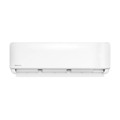 Side angle of MRCOOL DIYHH-12 5th Gen Hyper Heat condenser with blue fan blade for DIY 12K mini split system