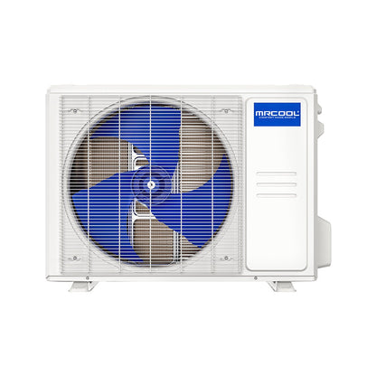 MRCOOL DIYHH-18 Hyper Heat 18K outdoor condenser shown with pre-charged QuickConnect line set brass fittings for DIY installation