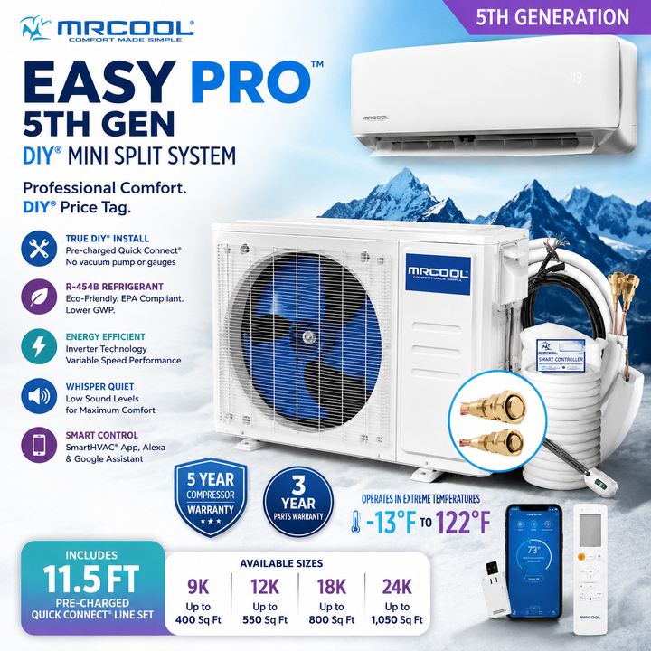 MRCOOL Easy Pro 5th Generation DIY mini split heat pump system featuring R-454B refrigerant, Quick Connect technology, WiFi control, and available 9000 BTU to 24000 BTU capacities