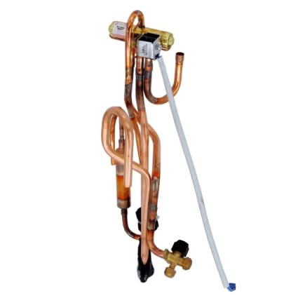 Close-up of MRCOOL 4-way valve assembly for ductless mini split heat pump system