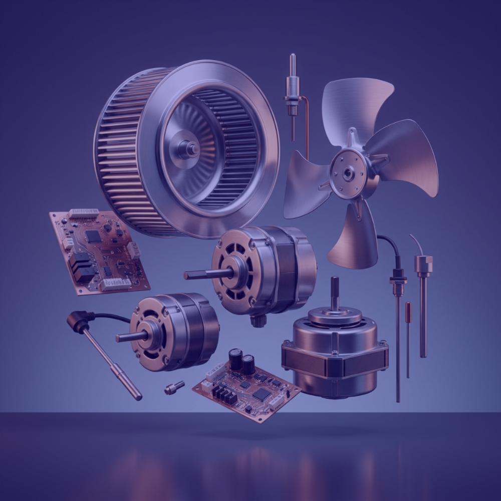 Genuine MRCOOL HVAC replacement parts including fan motors, blower wheels, control boards, sensors and condenser fan components