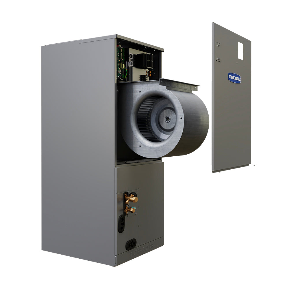 Illustrated overview of a MRCOOL® DIY Hybrid™ Ducted Air Handler connected to wall and ceiling mini splits via one outdoor condenser.