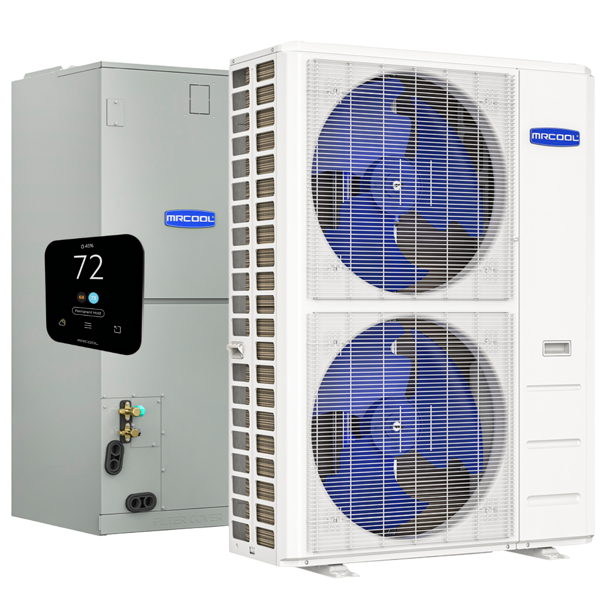 MRCOOL HyperHeat 2nd Gen 60,000 BTU central ducted heat pump system with outdoor condenser, indoor air handler, and wired smart thermostat