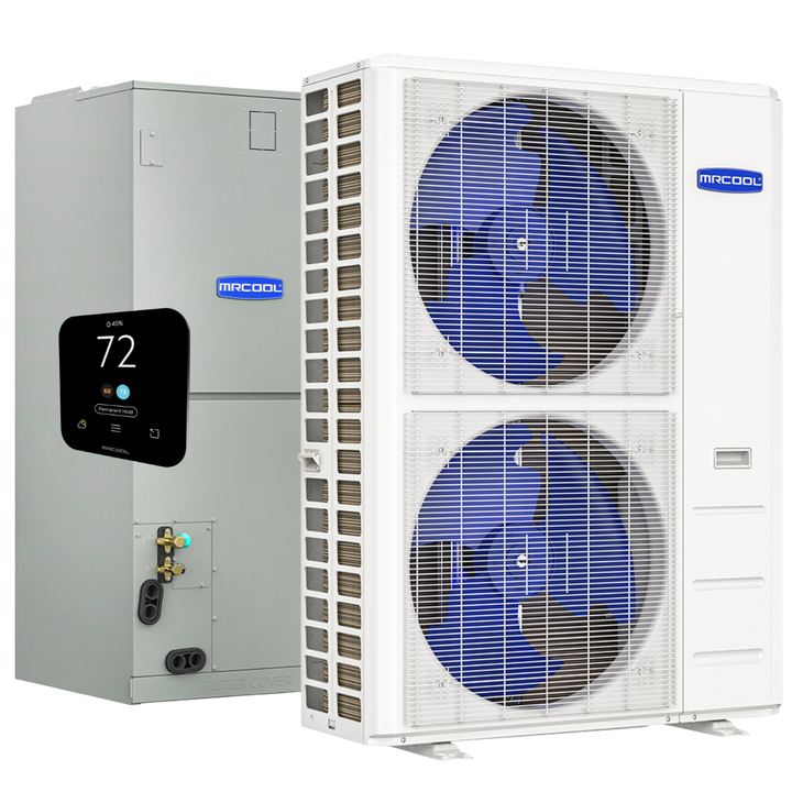 MRCOOL HyperHeat 2nd Gen 60,000 BTU central ducted heat pump system with outdoor condenser, indoor air handler, and wired smart thermostat